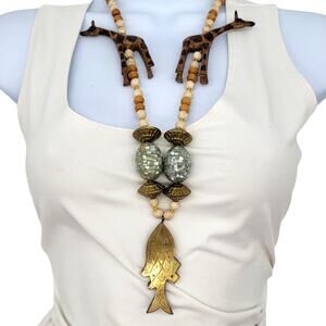 Carved Wooden Giraffes with Fish Pendant Beaded Necklace